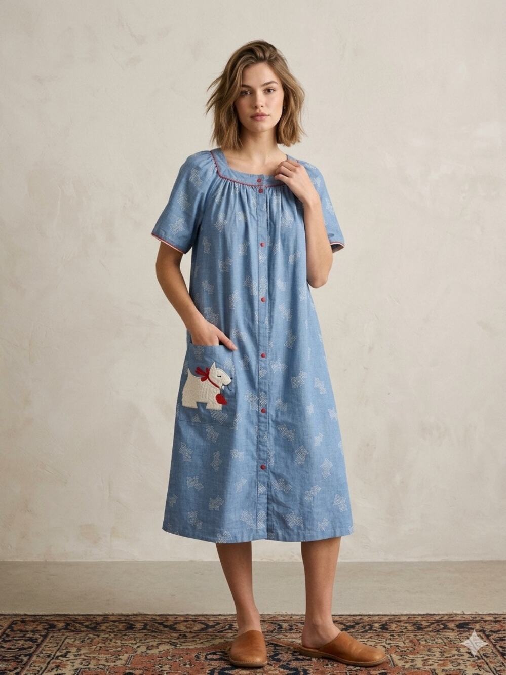Women's vintage blue chambray duster housecoat Scottish Terrier (Scottie dog)